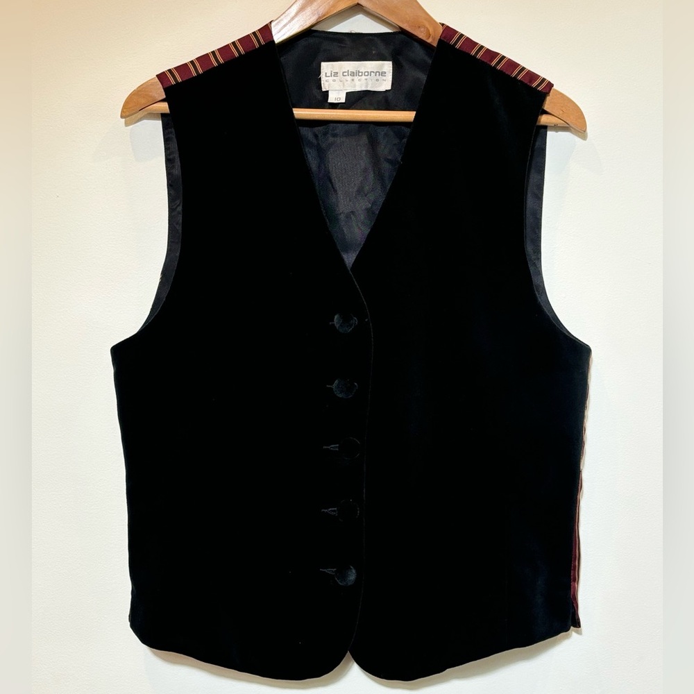 Vintage Liz Claiborne Black Velvet Vest Size 10 Red Gold Stripe Silk Tie Back
